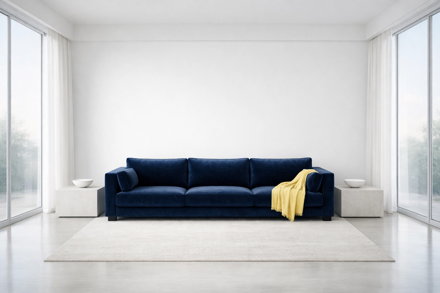 Minimalist living room with Navy Blue sofa and White walls after a weekly house cleaning.