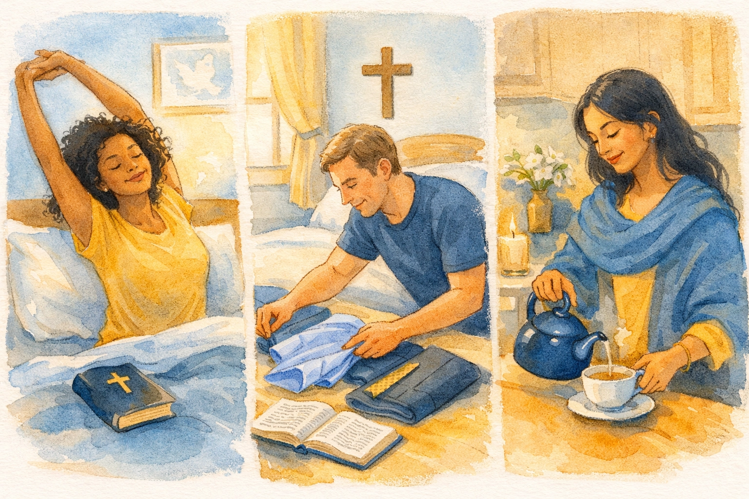 Preparing for Sunday worship by stretching, organizing clothes, and brewing tea