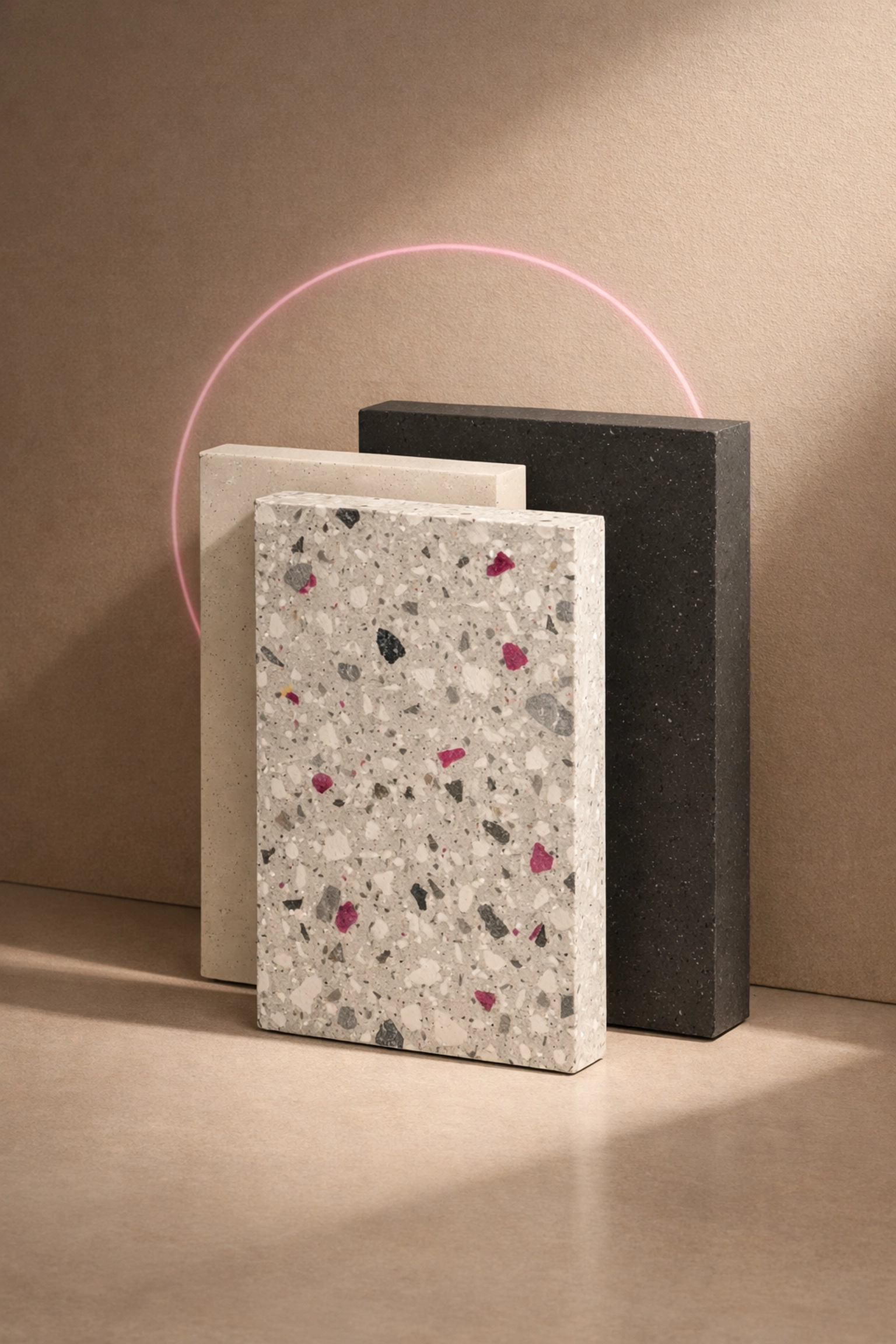 Stack of thick 100% recycled plastic panels showing sustainable terrazzo textures for fit-outs.