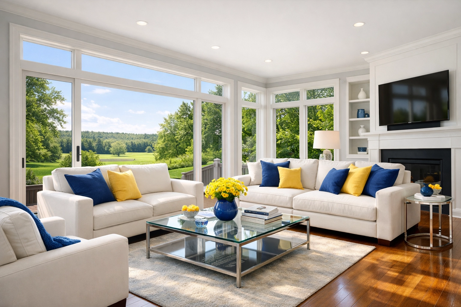 Sun-drenched Westford living room with clean hardwood floors after a professional house cleaning service.