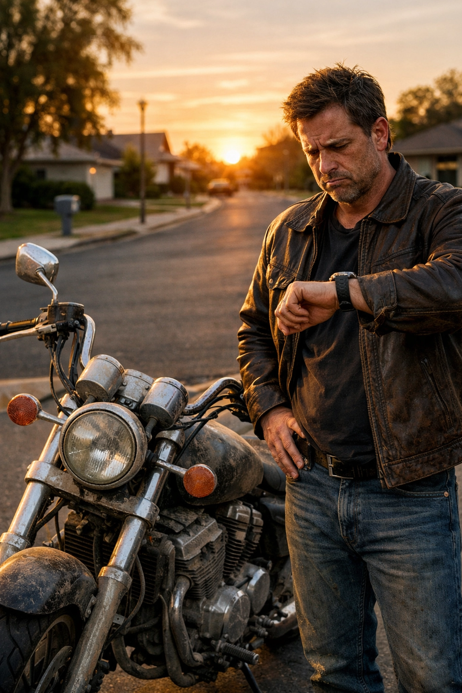 Frustrated man waiting by a dusty cruiser motorcycle after a marketplace buyer no-show.