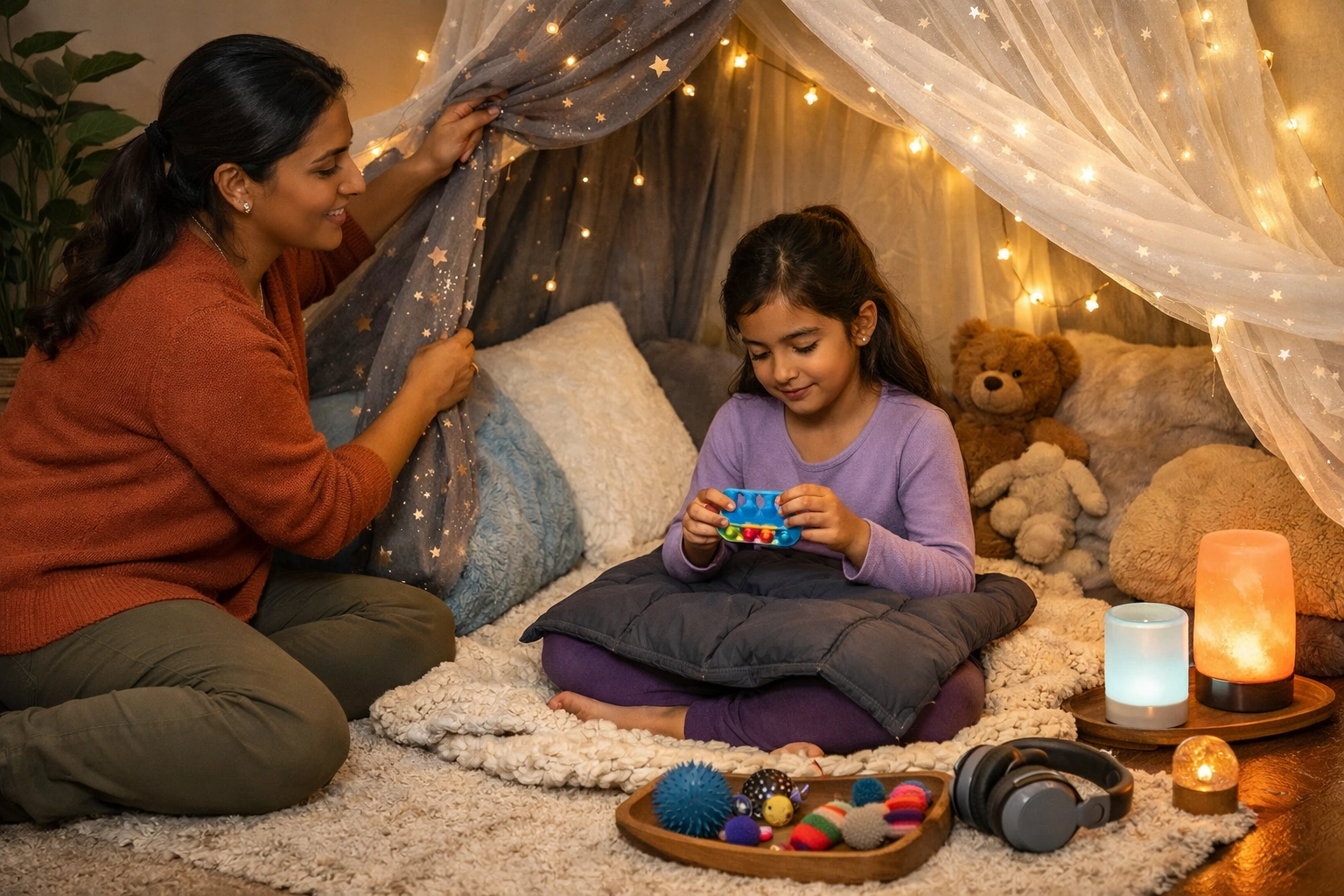 Home self-advocacy and support: parent and child creating a calm quiet corner with sensory tools for regulation and connection.