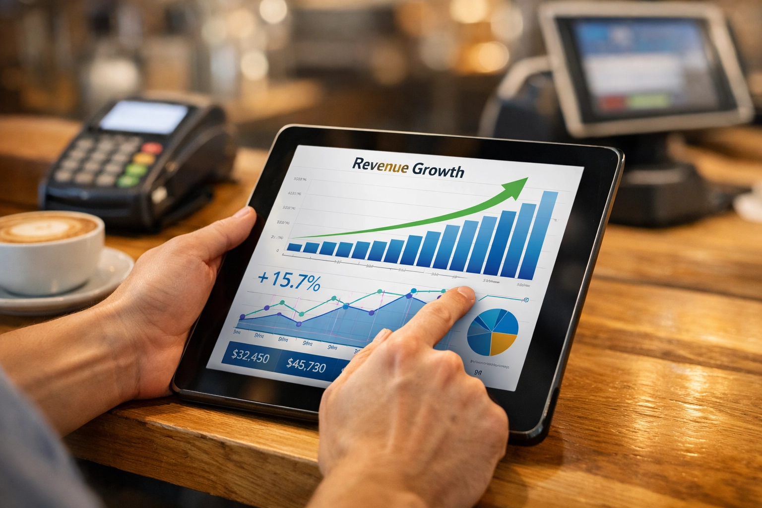 Business owner tracking revenue growth on tablet for working capital loan application