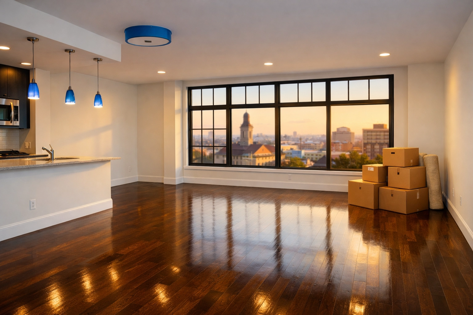 Empty Worcester apartment with polished hardwood floors following a thorough move-out cleaning service.