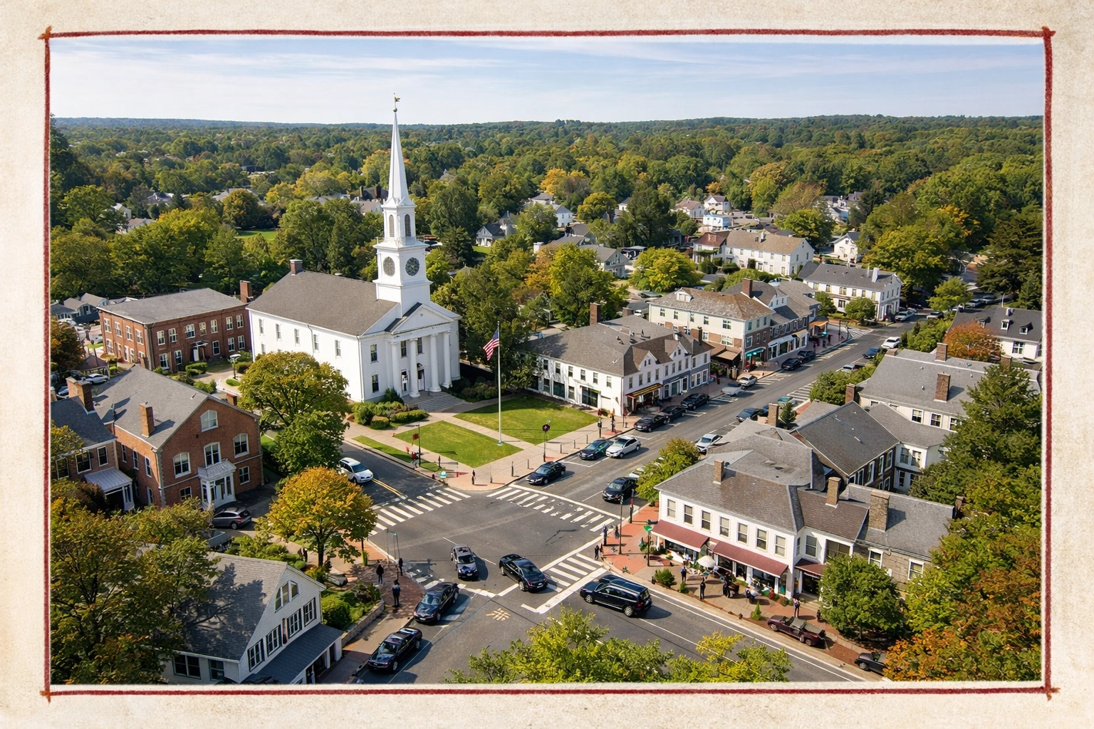 Elevated view of a New England style town center with homes and trees