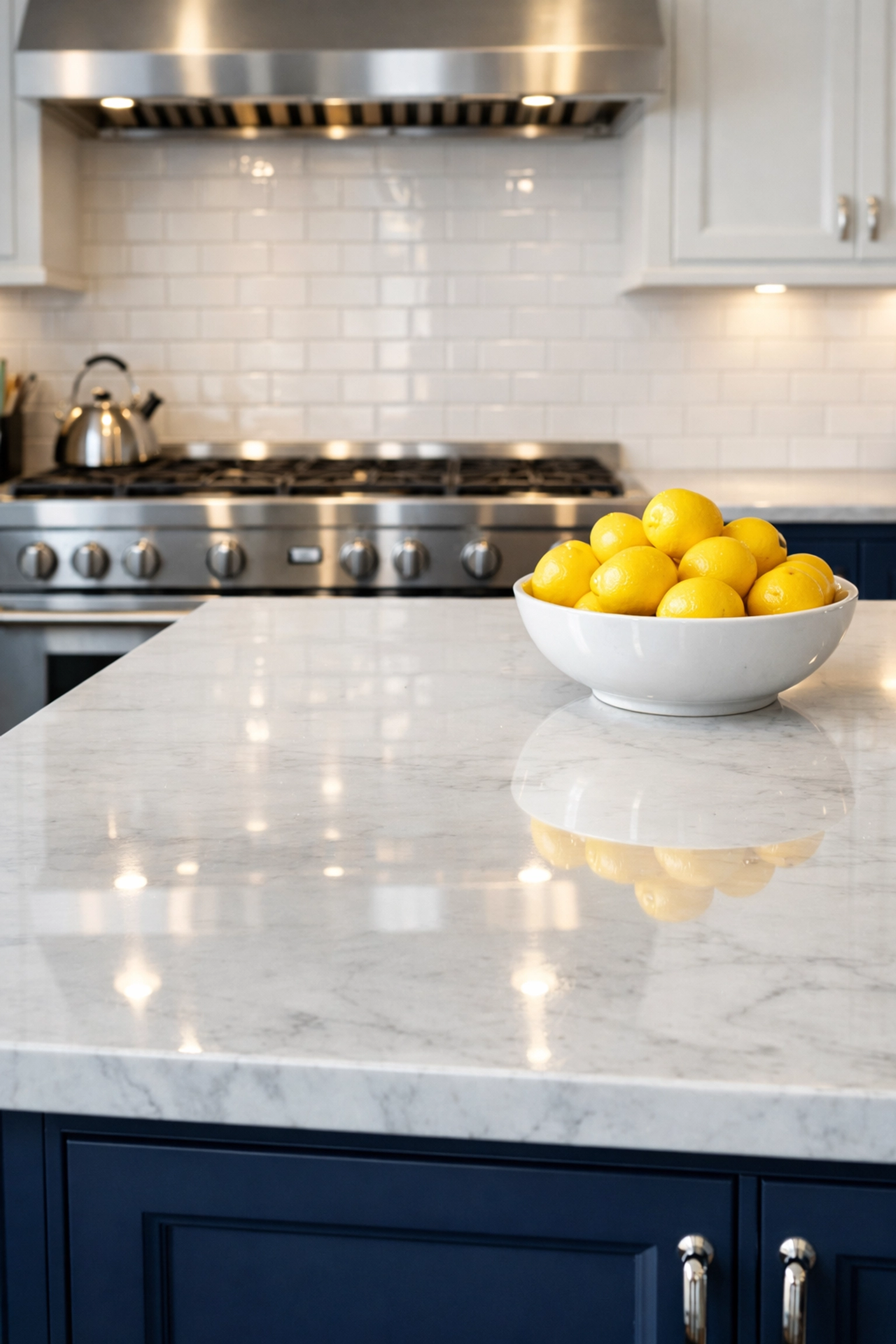 Clean marble kitchen countertop and spotless backsplash from expert house cleaning Worcester MA services.