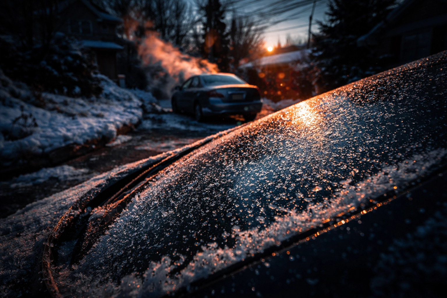 Frosted car windshield and steaming vehicle in a snowy Pittsburgh driveway, illustrating winter remote start convenience.