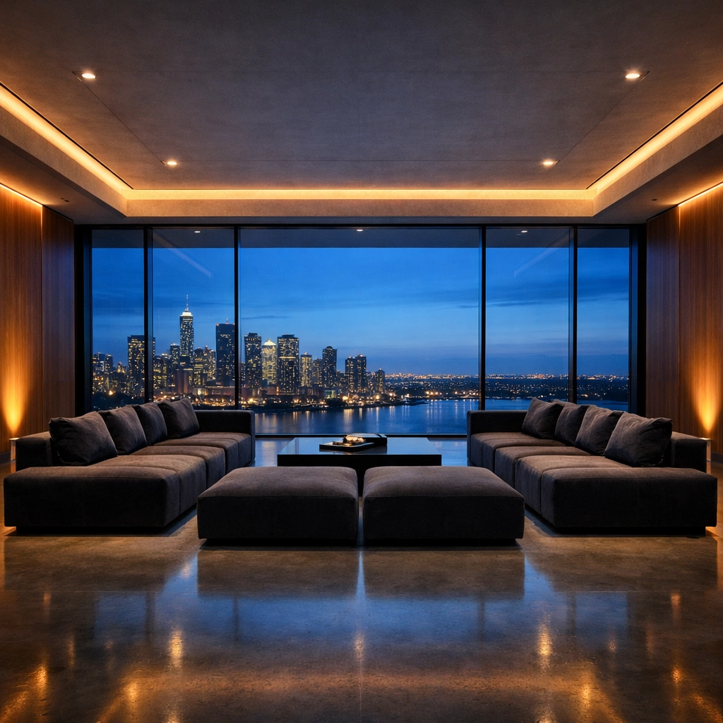 Luxury minimalist living room highlighting light and luminosity in real estate photography tutorials.