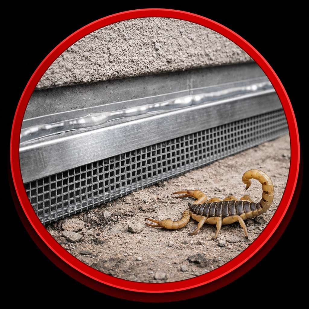 Sealing weep screeds with professional mesh for scorpion exclusion in a Coolidge home.
