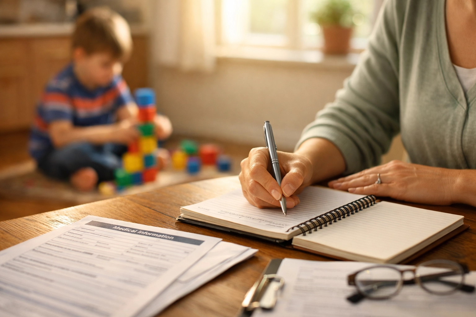 Mother completing ABA therapy medical necessity paperwork while child plays at home