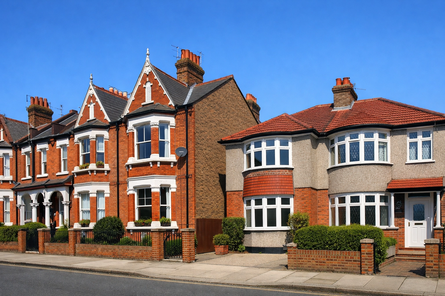 Victorian terrace and 1930s semi-detached houses in South London showing different architectural styles