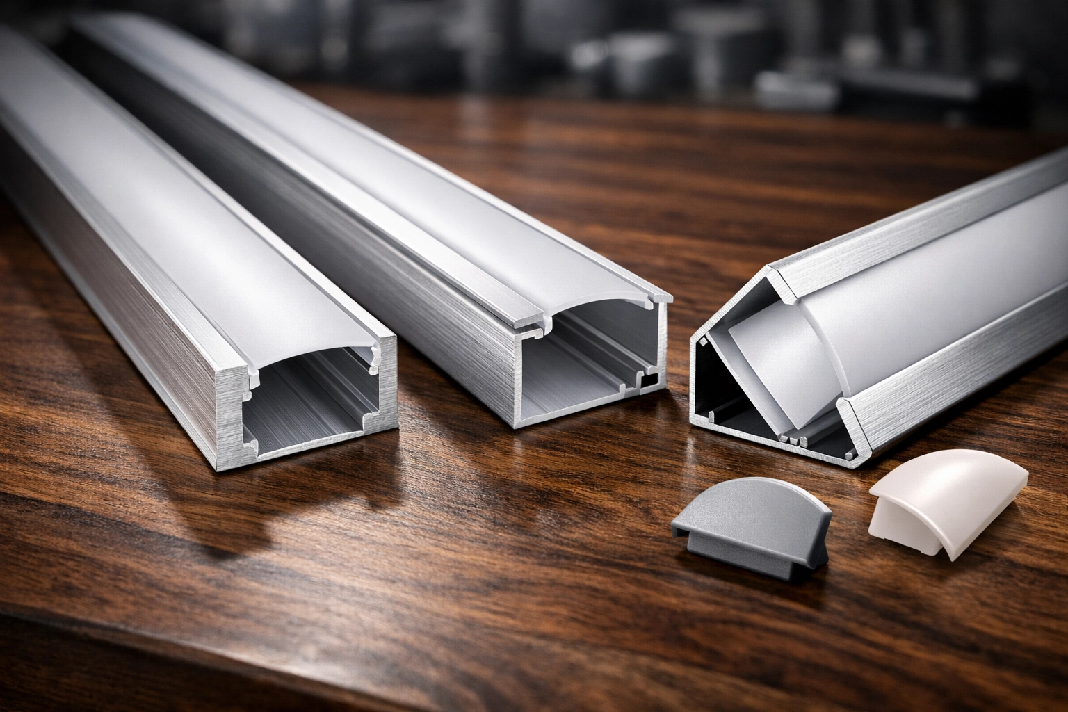 Assorted aluminum LED channel profiles on walnut wood for integrated cabinet lighting.