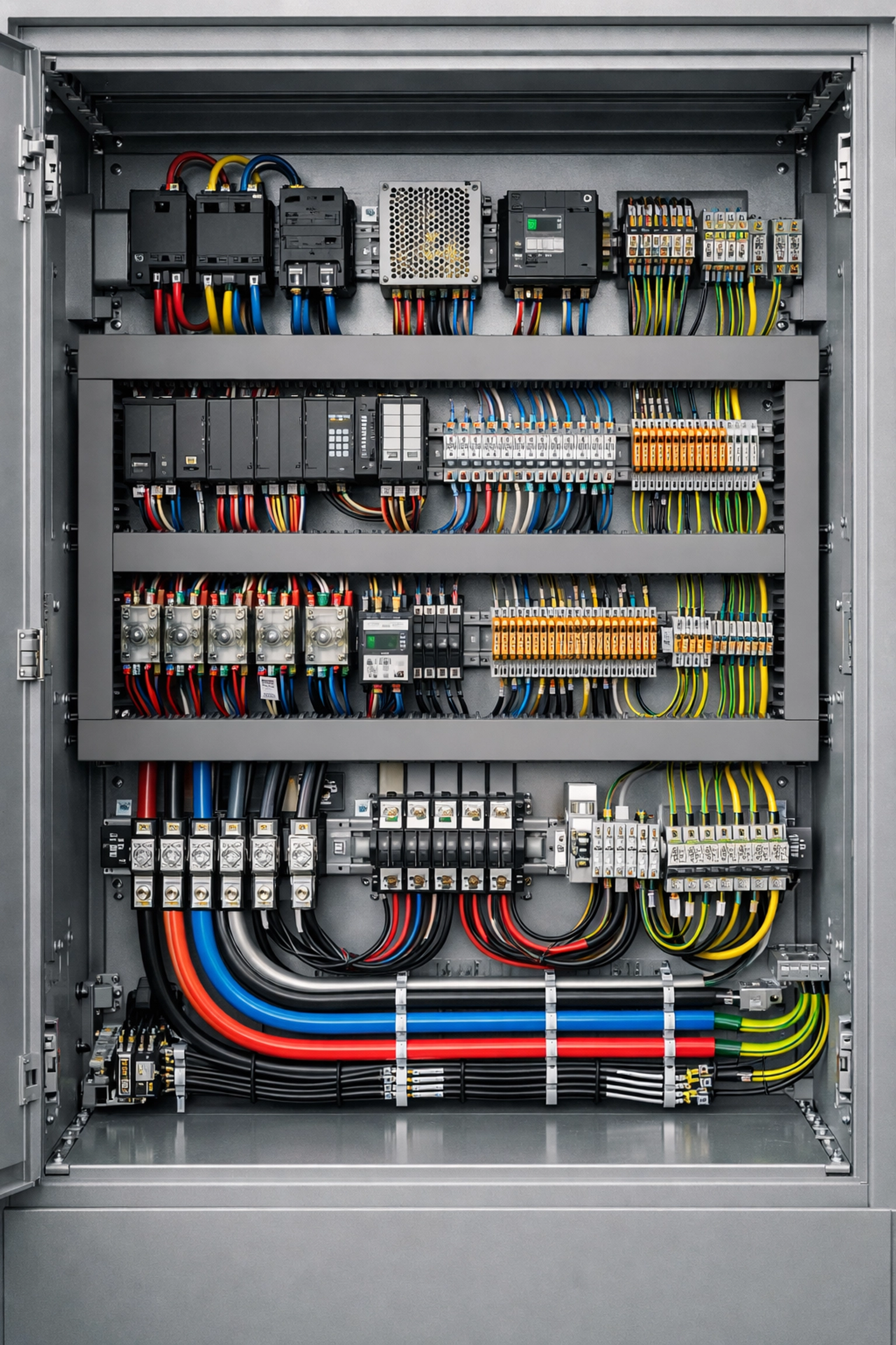 Properly organized industrial electrical panel designed for OESC compliance and commercial safety.