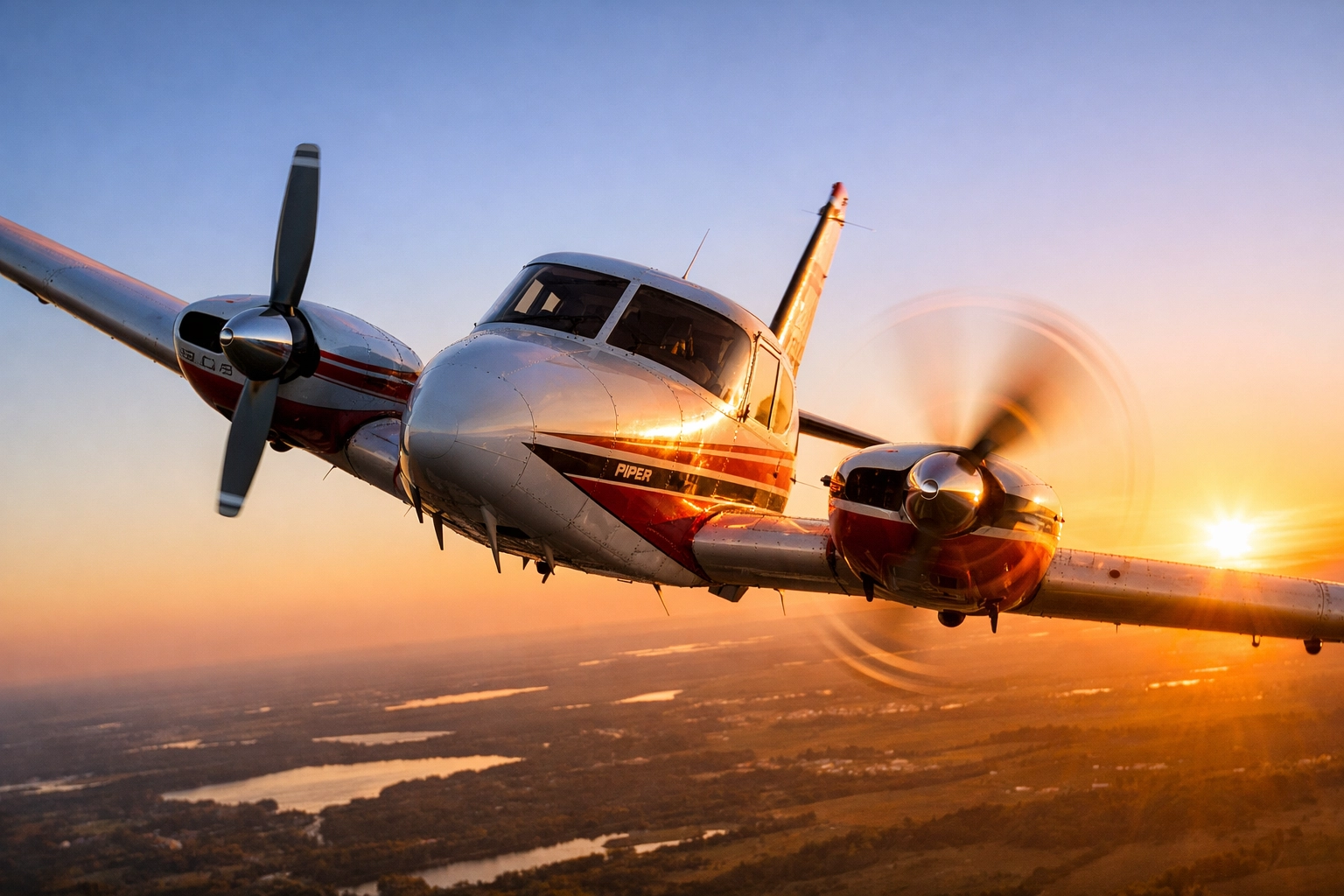 Piper Twin Comanche flying with a feathered engine demonstrating zero side slip.
