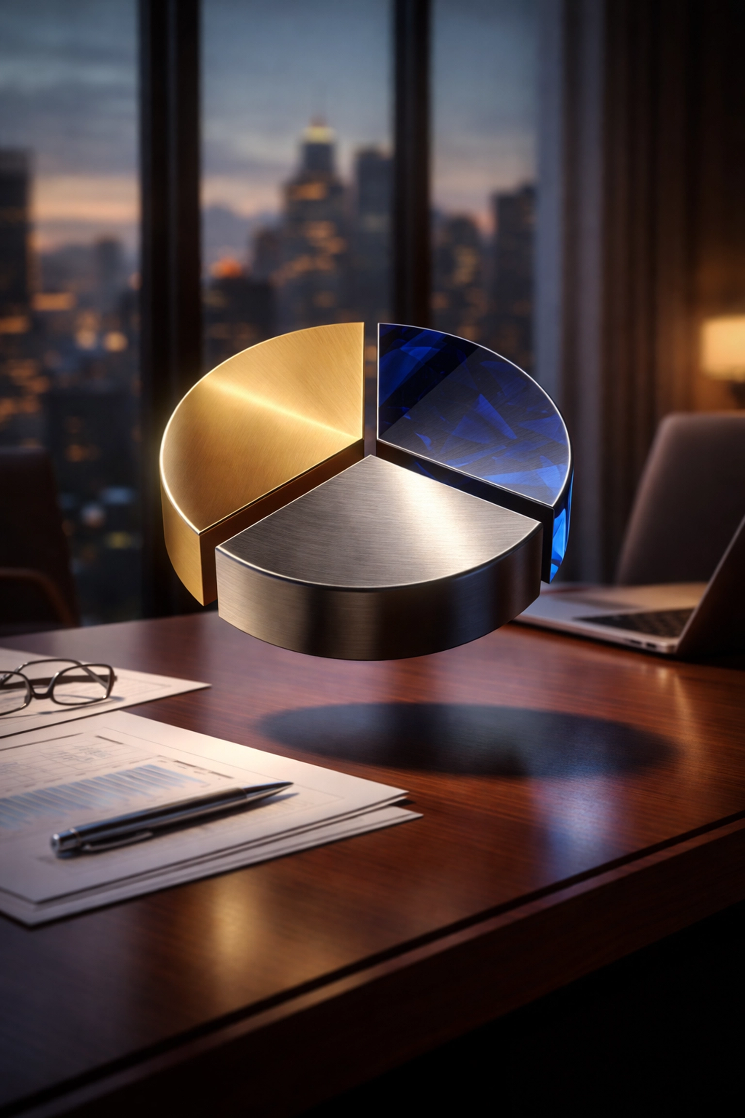 Balanced pie chart illustrating the 40/30/30 diversified portfolio framework on an investor's desk, highlighting asset allocation strategy.