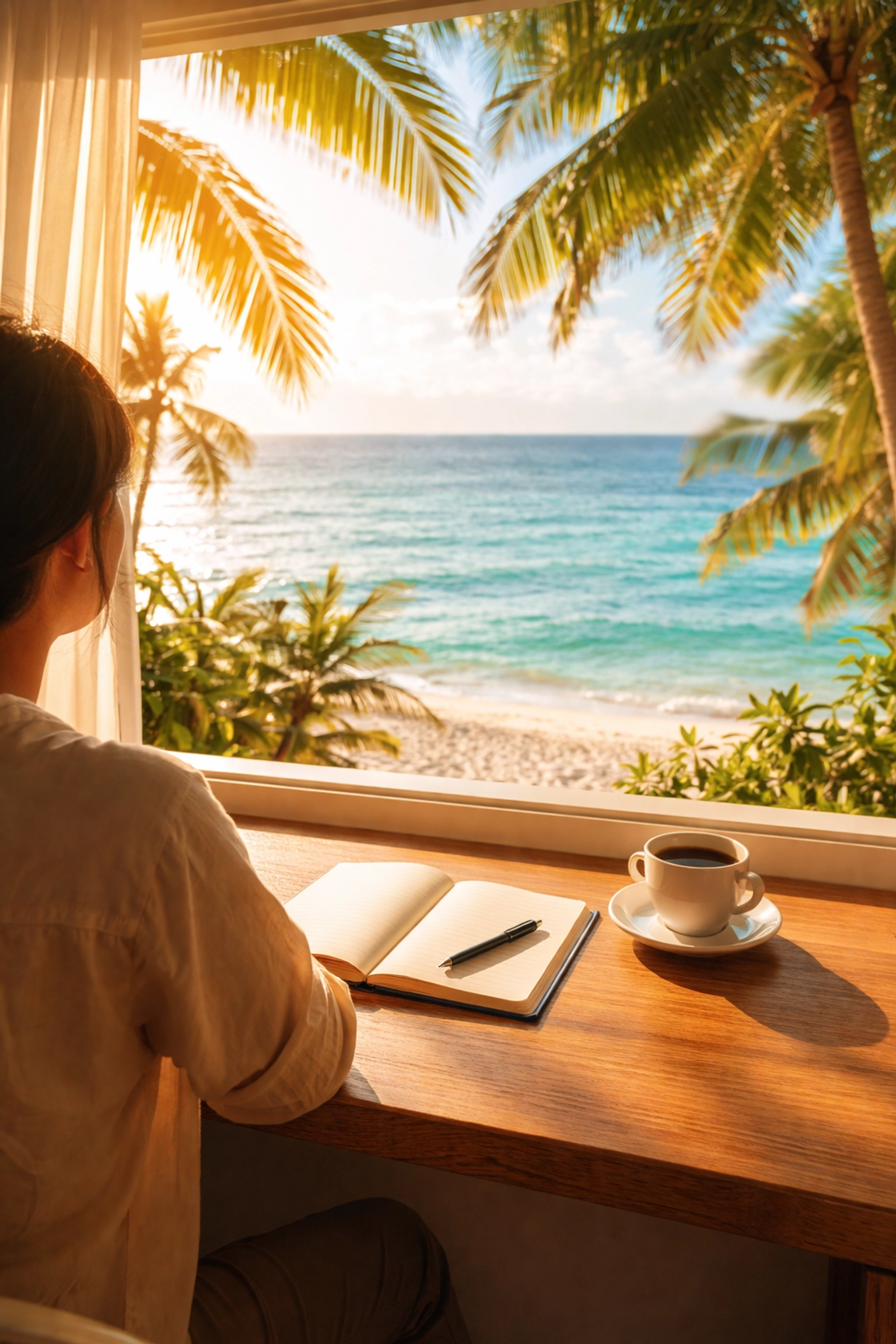Luxury traveler planning a tropical getaway at a bright sunlit desk with ocean views and palm trees outside