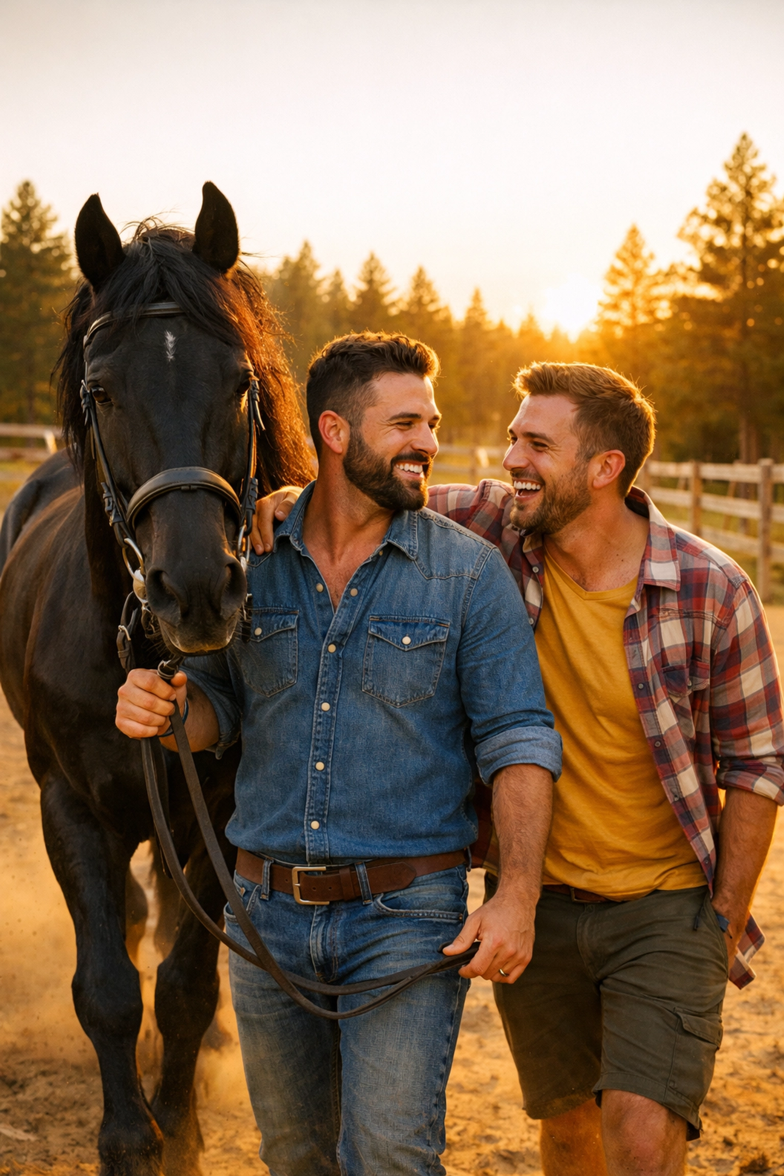 A gay couple sharing a joyful moment with a horse at a modern ranch during the golden hour.