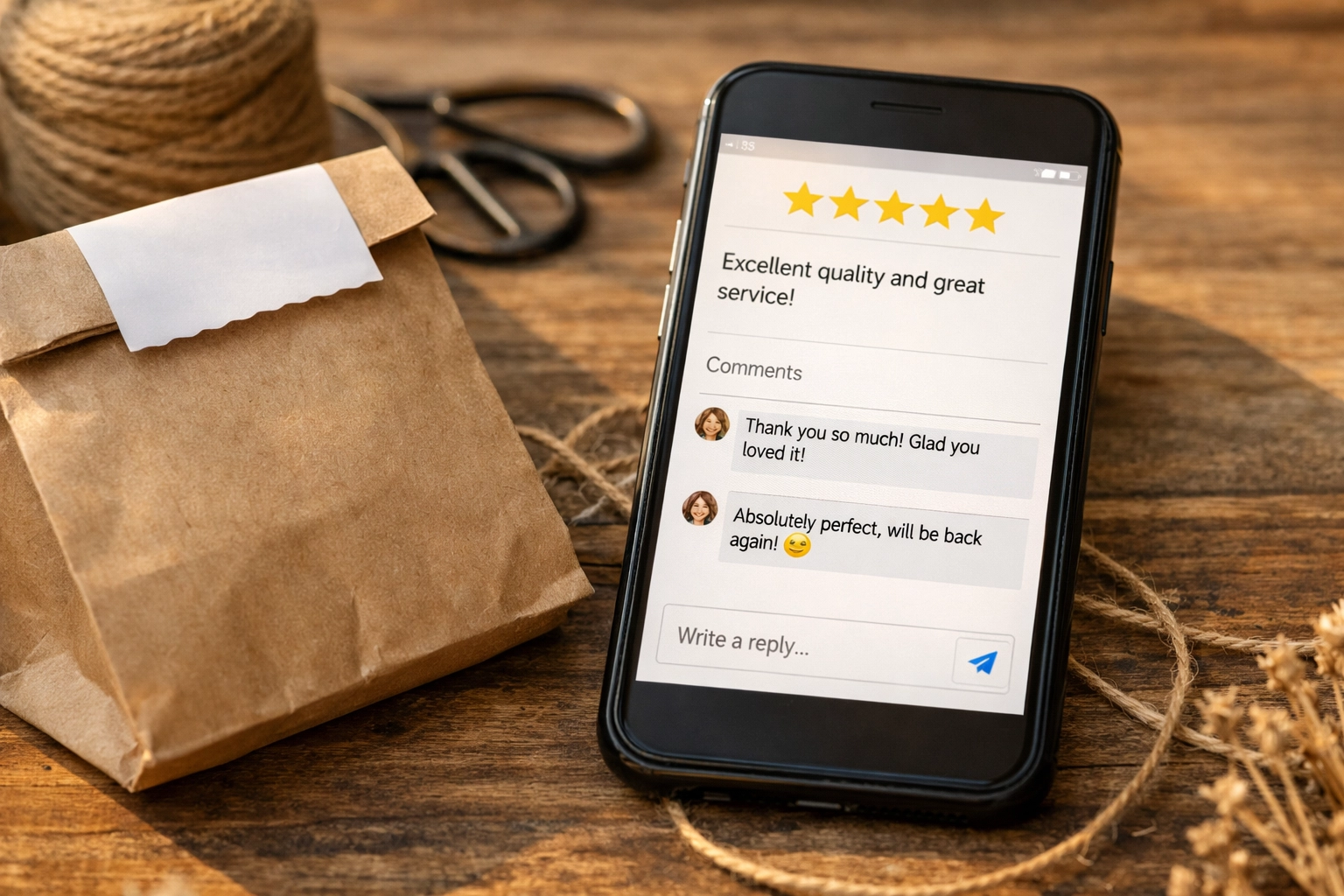 A close-up of a phone showing a 5-star review and comments thread in a real small-business context, natural light.