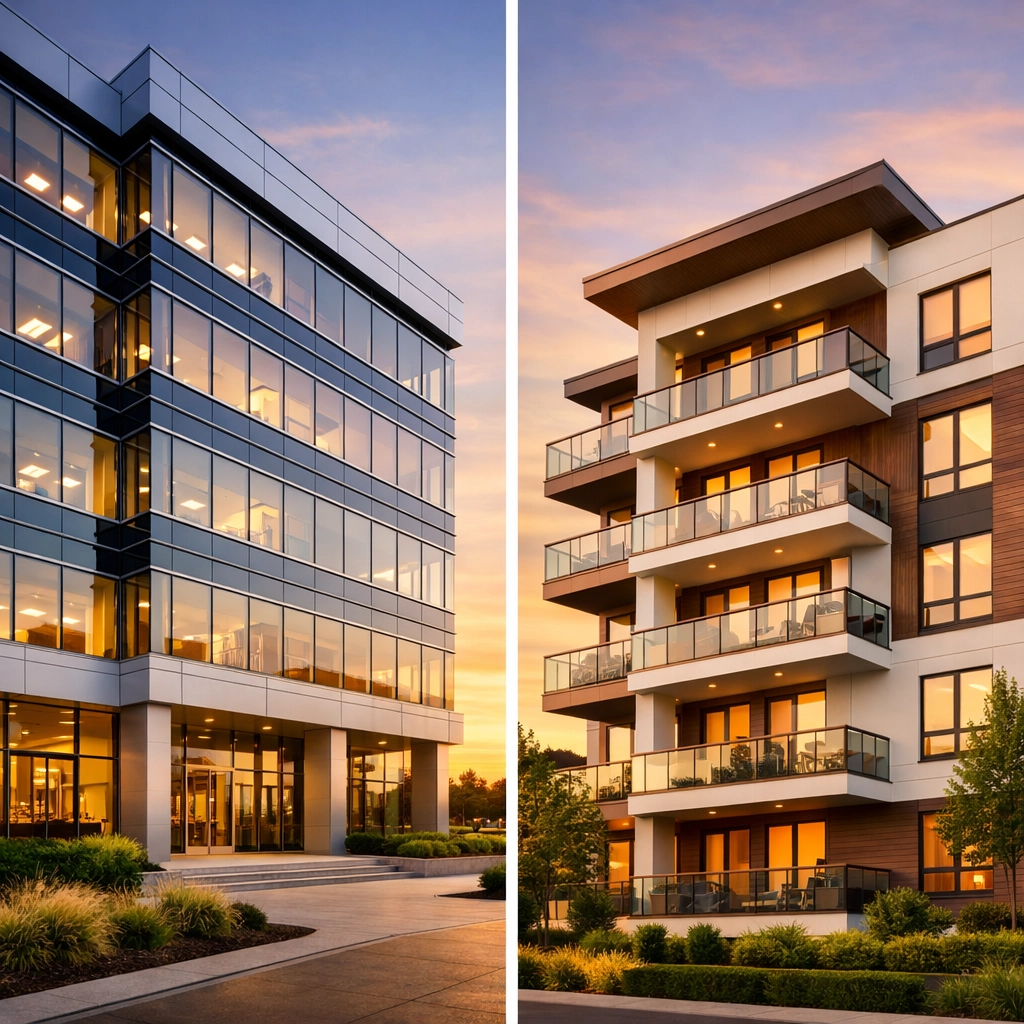 Modern commercial office building and residential apartment building side by side for investment comparison