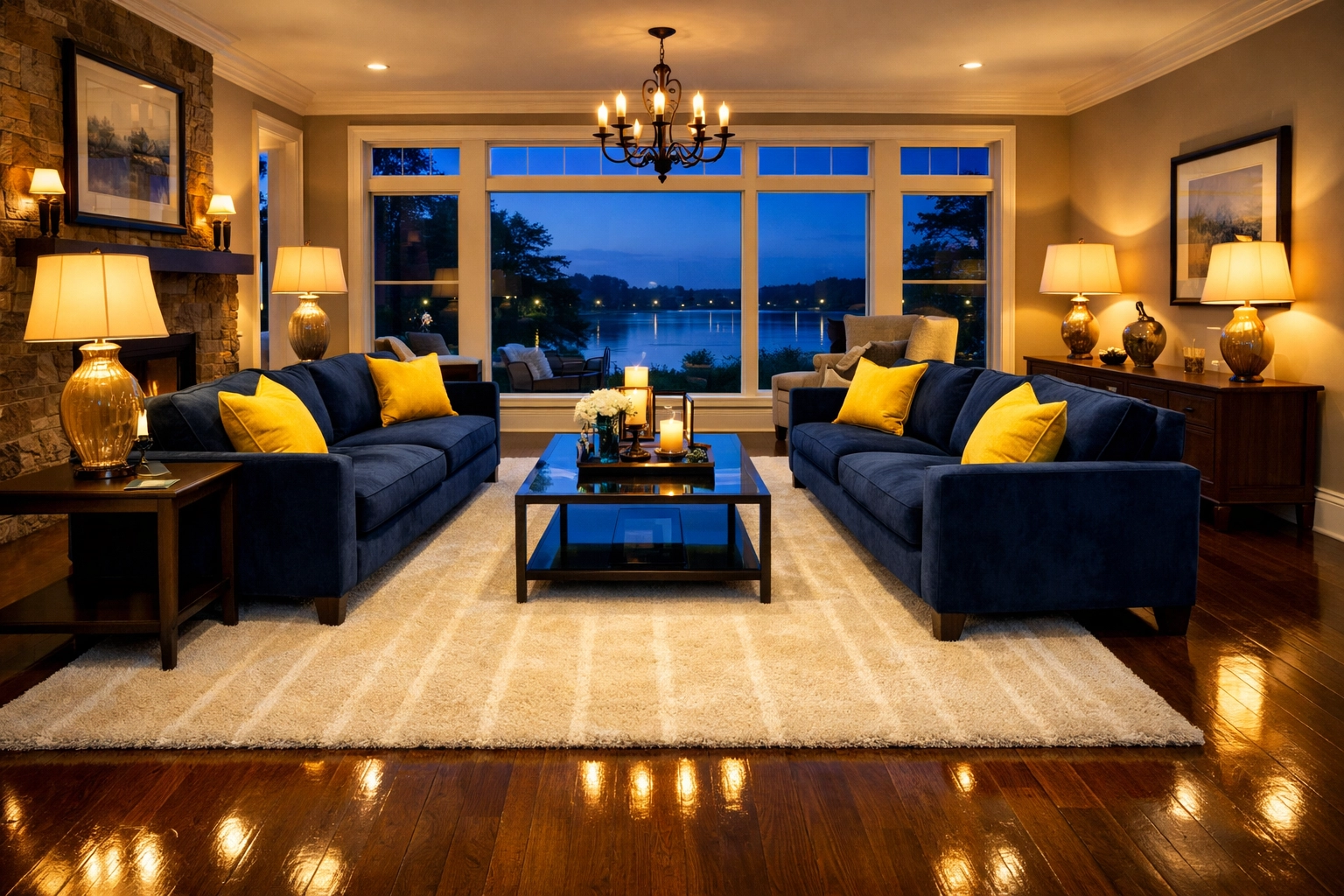 Perfectly maintained Groton living room with vacuum lines and polished floors after a professional deep clean.