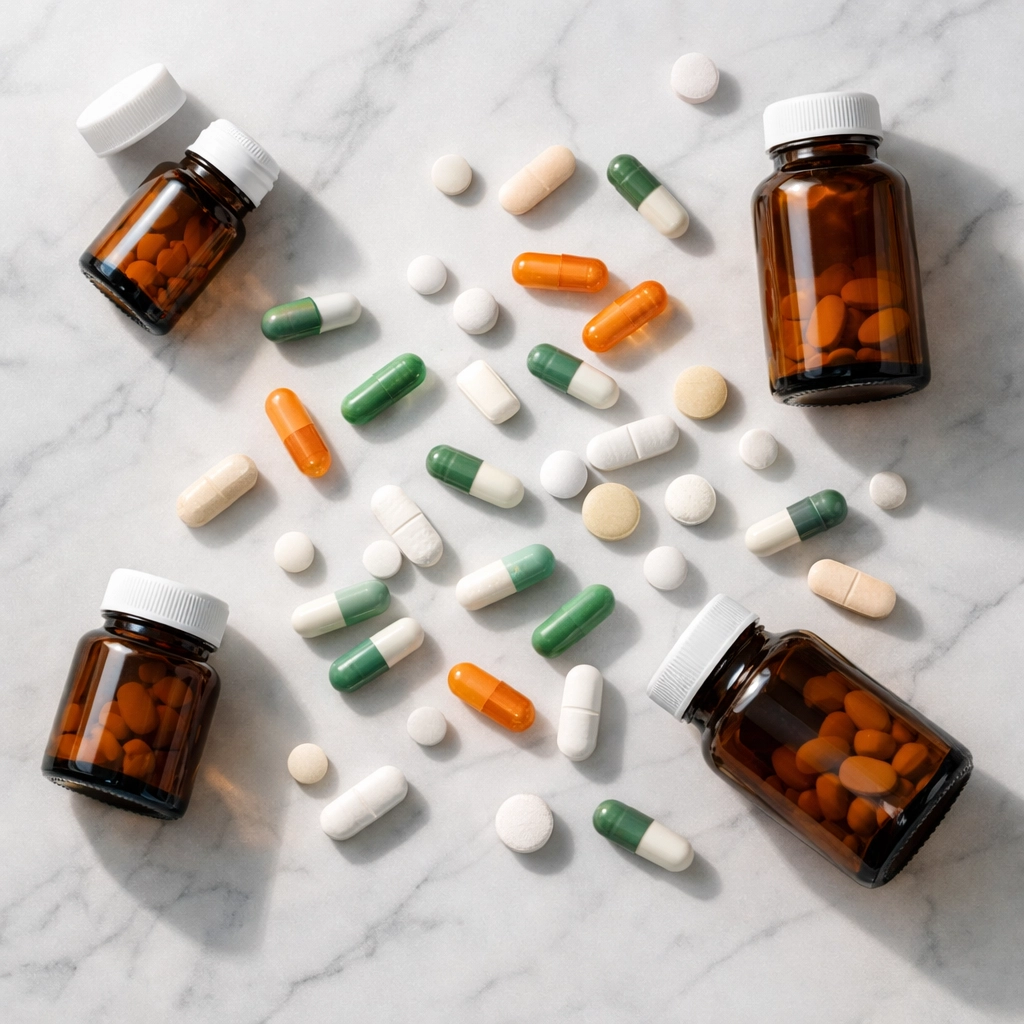 Various supplement bottles and pills scattered on marble surface showing supplement abundance