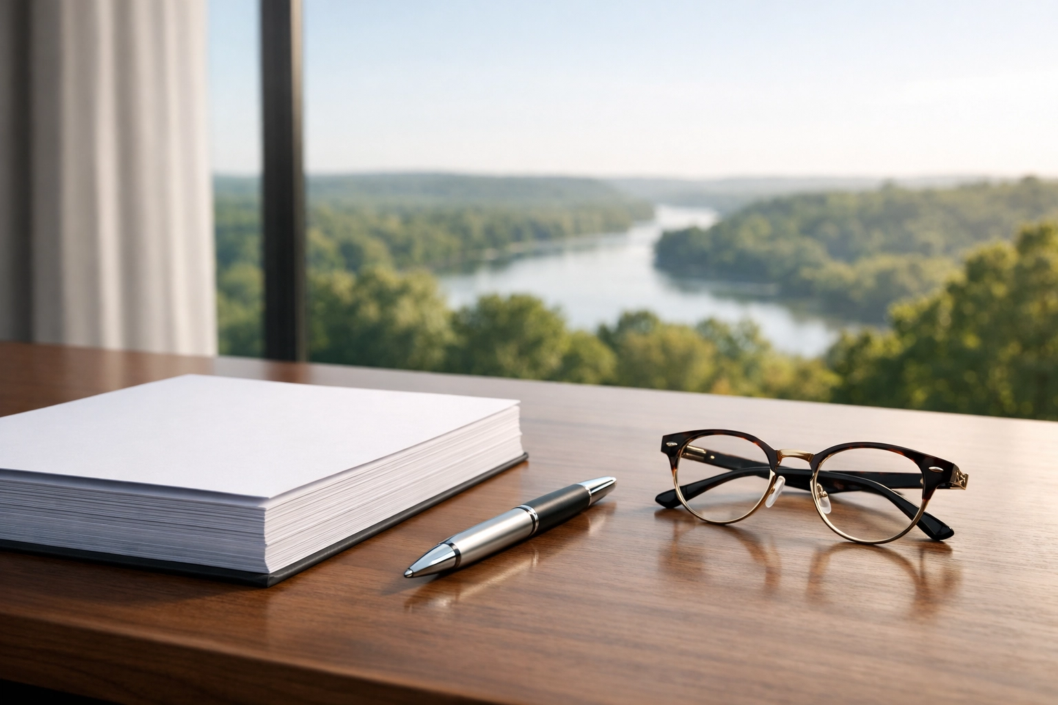 Professional business valuation document and glasses on an executive desk in a Mississippi office.