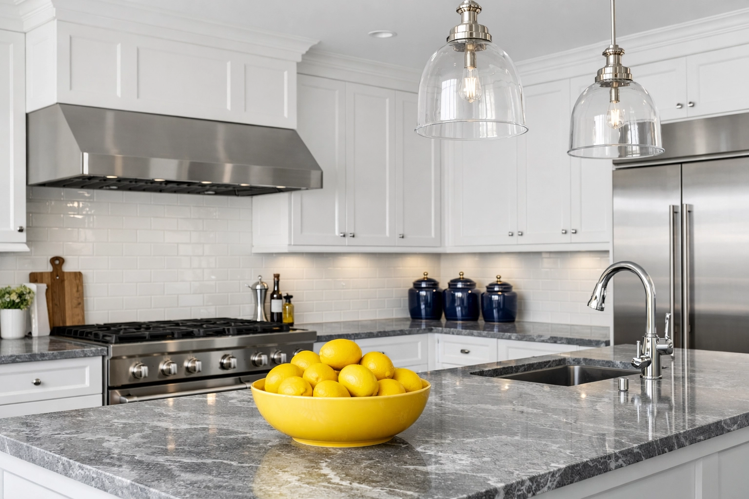 Streak-free white kitchen cabinets and marble counters from a professional house cleaning Ashby MA service.