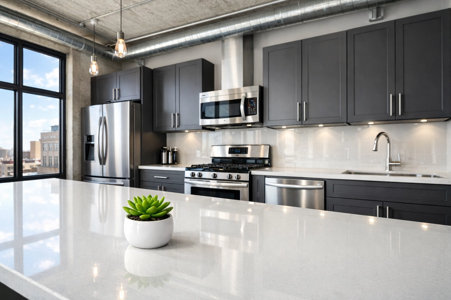 Pristine modern kitchen in a Detroit loft after a professional move-out cleaning service.