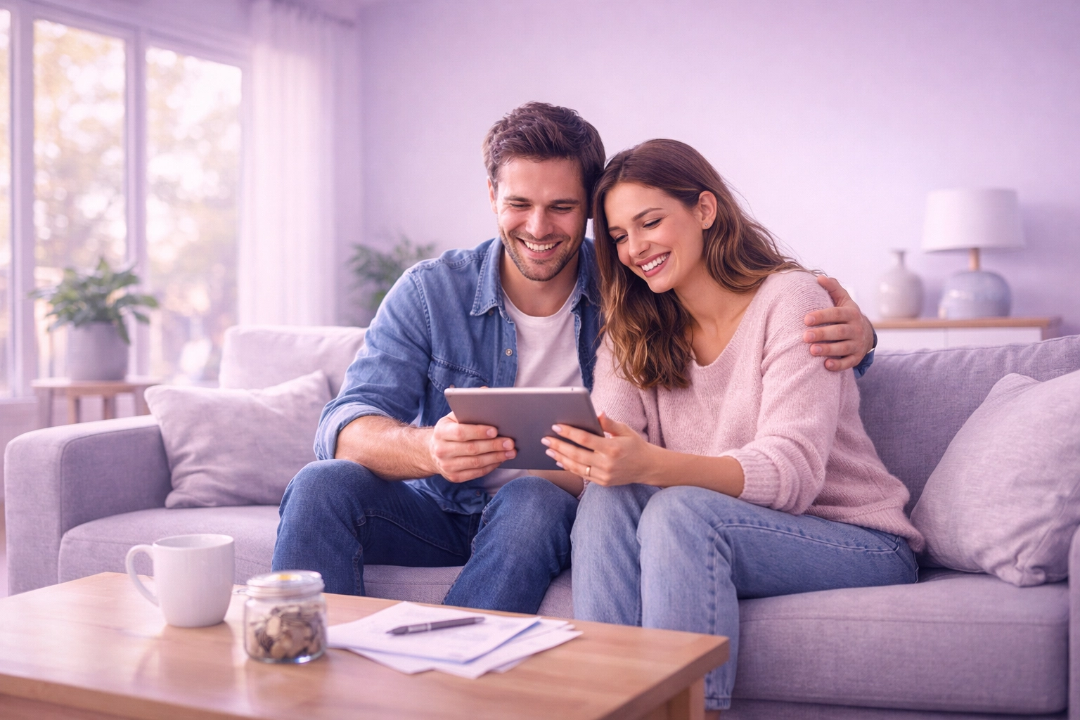 Relieved couple on a sofa using a tablet to secure bad credit urgent loans in Ottawa.
