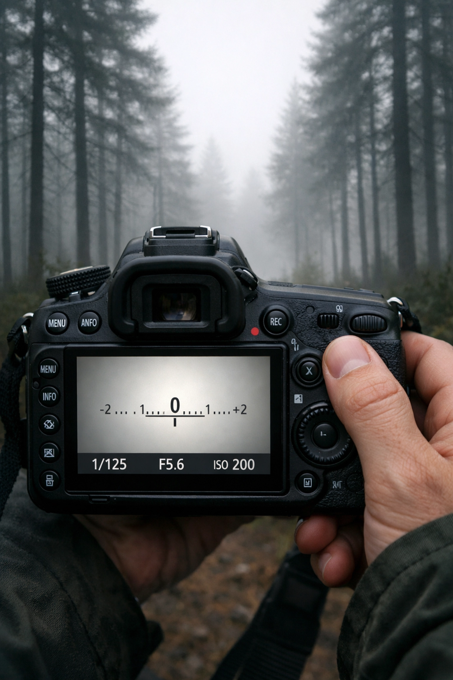 Photographer adjusting manual mode camera settings and exposure meter in a misty forest.