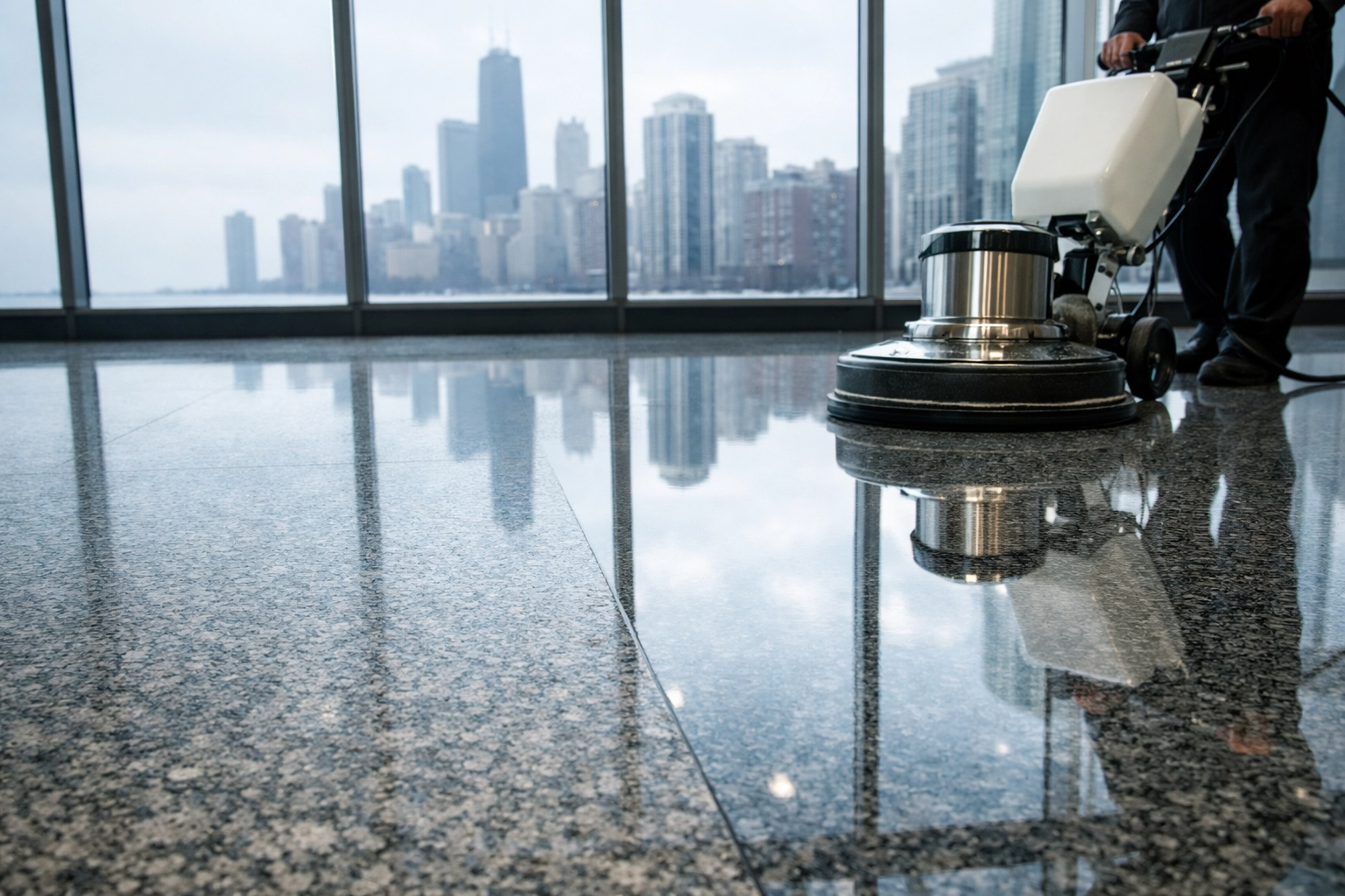 Polished granite office lobby floor in a Chicago high-rise showing professional commercial cleaning.