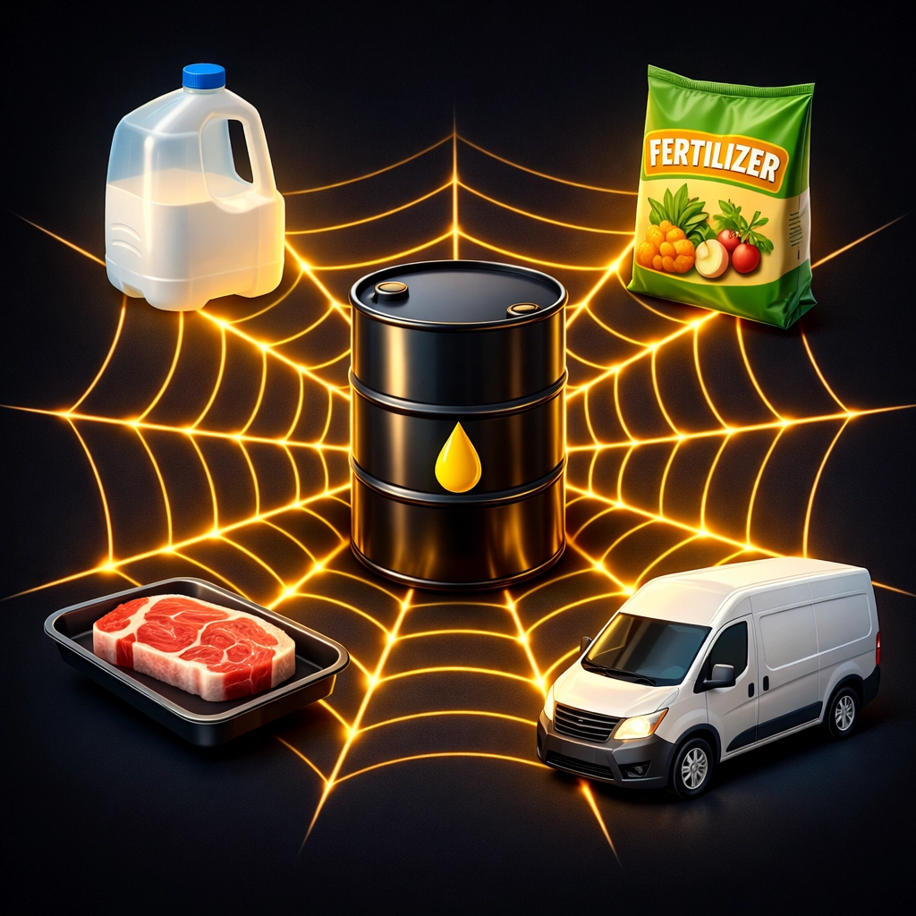 An oil barrel connected to food and consumer goods showing how energy costs affect all prices.