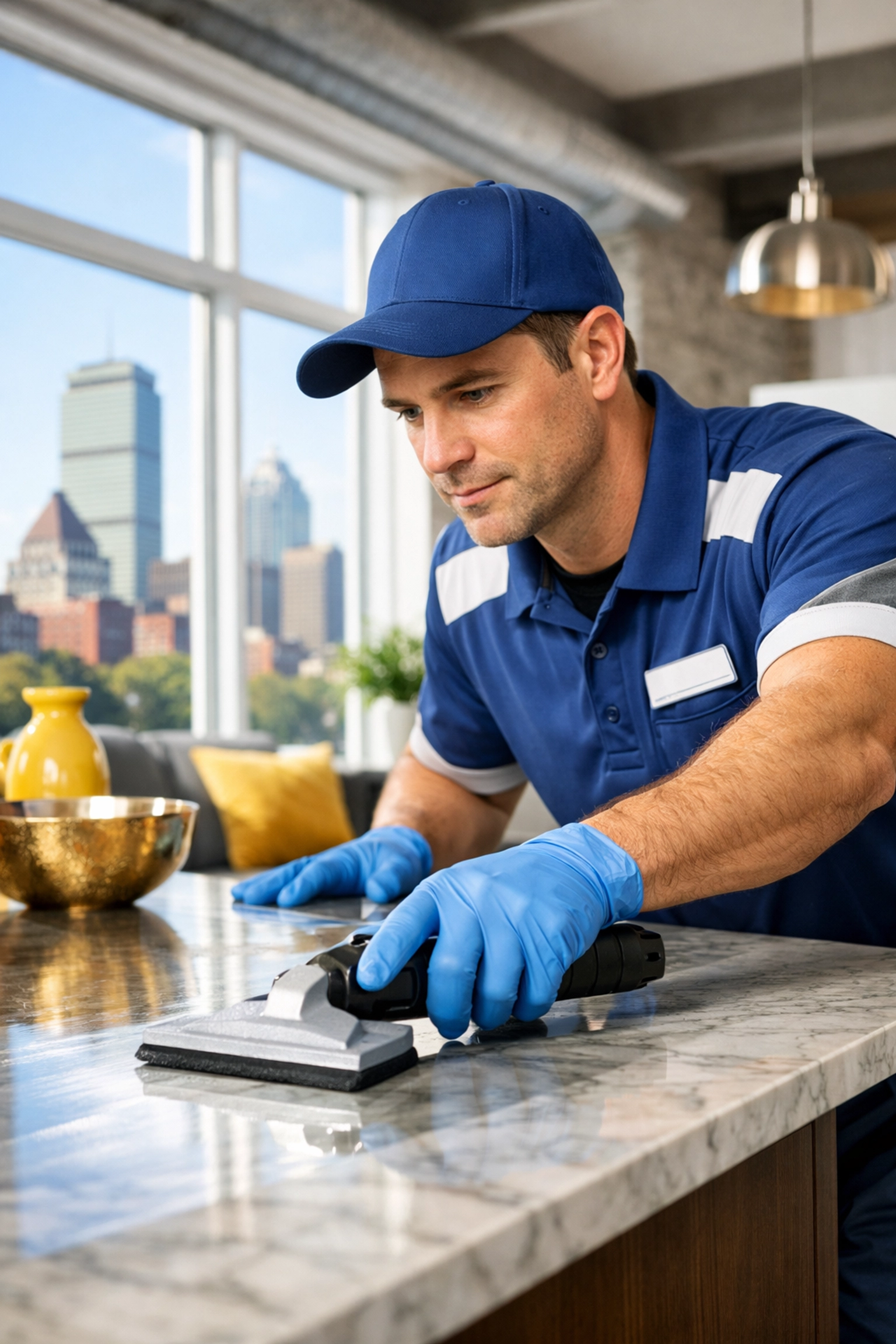 Professional cleaner detailing a modern Boston apartment for a move-out cleaning service.