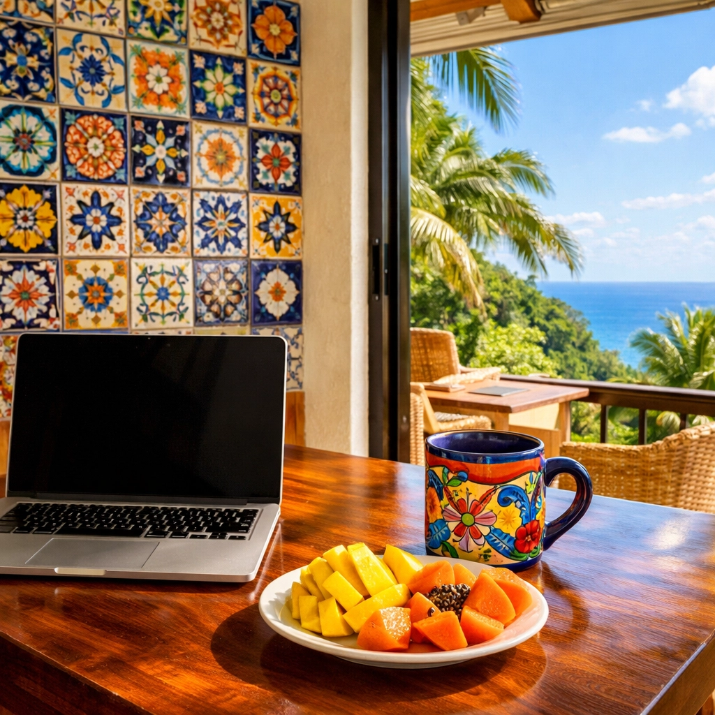 Remote work setup in a Puerto Vallarta Mexico condo rental featuring ocean views and jungle vibes.
