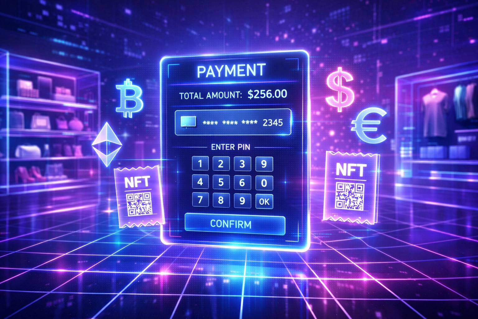 Futuristic metaverse shopping environment with holographic crypto payment interface and NFT receipts