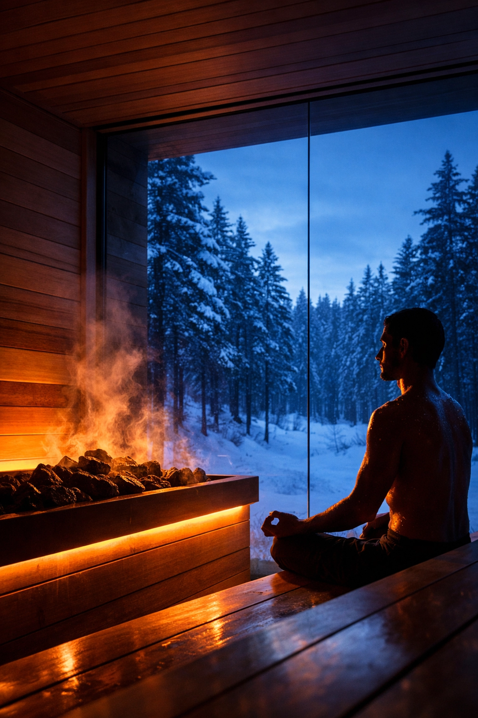 Interior view of a modern cedar sauna showing heat stress therapy with a snowy winter forest background.