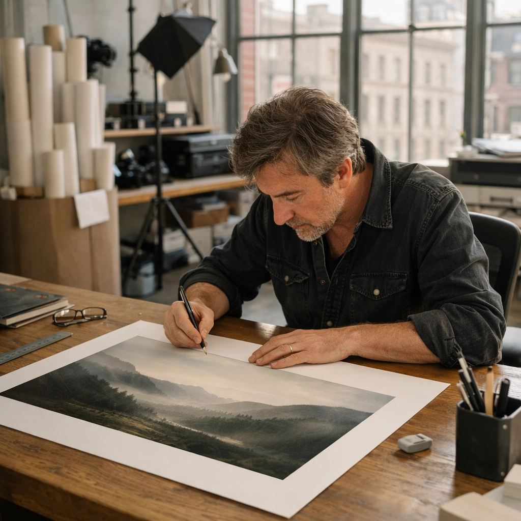 Artist signing limited edition photography prints to increase value for fine art collectors.