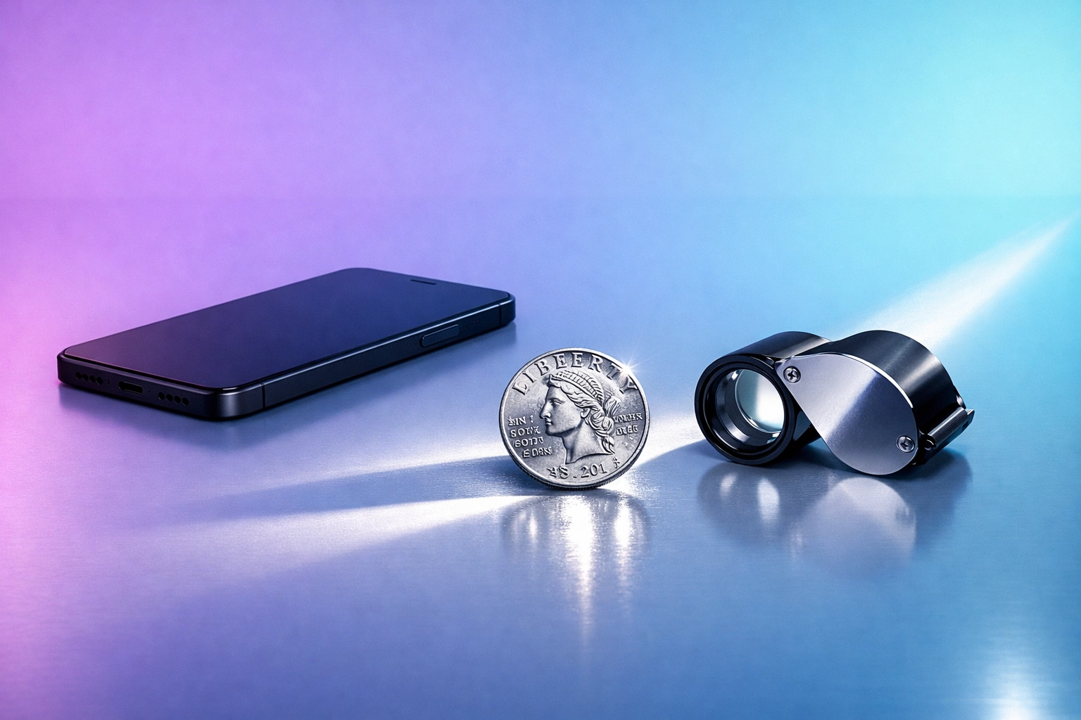 A professional setup to buy collectible coins online featuring a jeweler's loupe and smartphone.