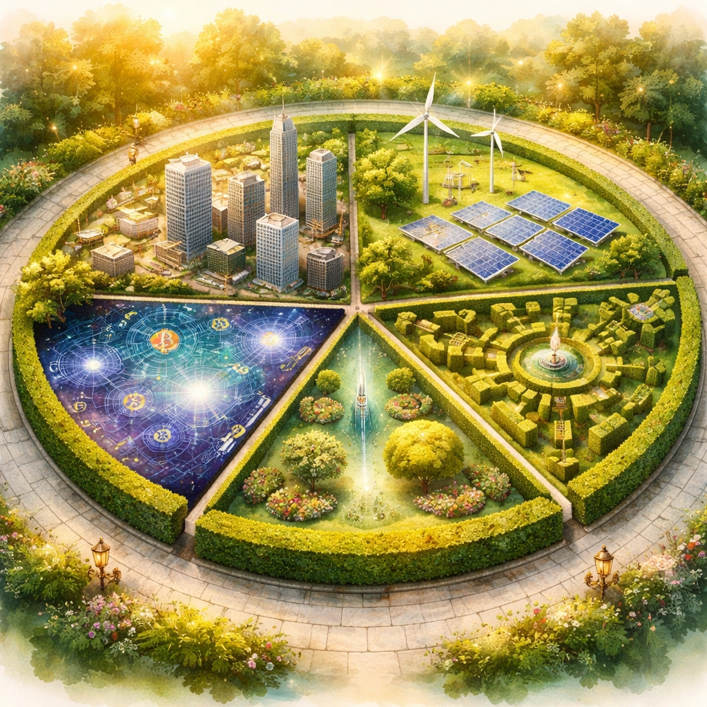 Investment pie chart showing real estate, infrastructure, crypto, and hedge funds for 40/30/30 portfolio allocation.