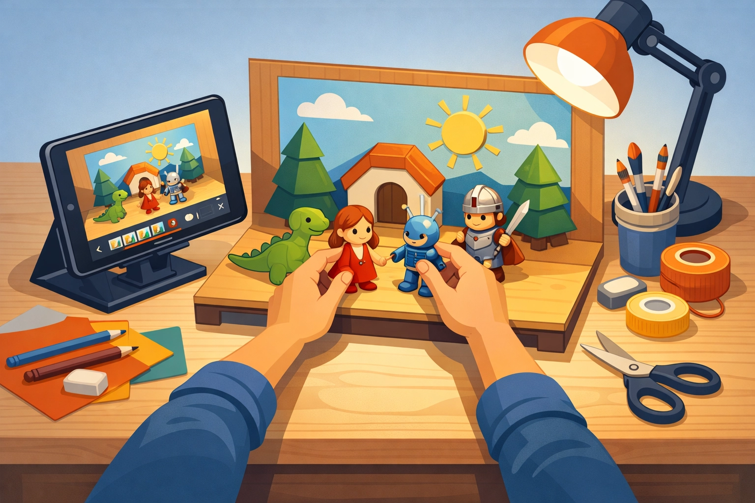 Child creating stop-motion animation with toys and tablet demonstrating creative tech use