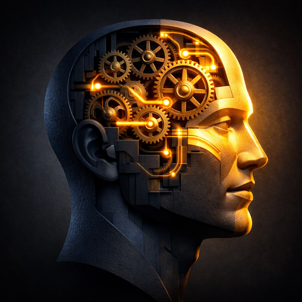 Stylized leader's mind with glowing gears representing an internal processor for System 2 leadership thinking.