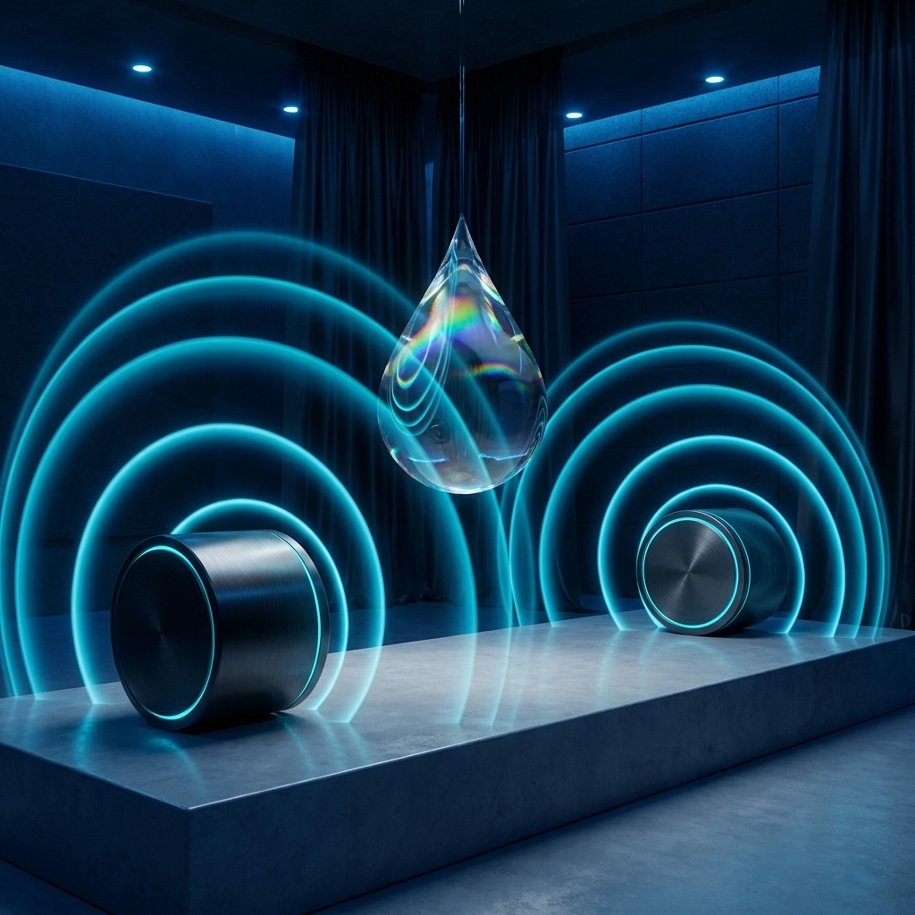 Two sound transducers emit vibrant blue spherical sound waves in a wellness space, illustrating acoustic hologram technology.