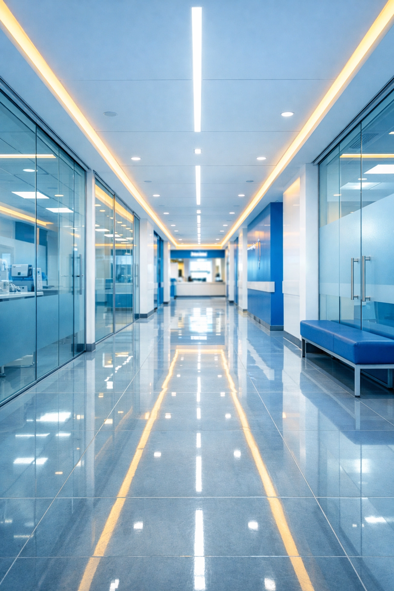 Sterile medical center hallway in Peabody with polished floors maintained by commercial cleaning experts.