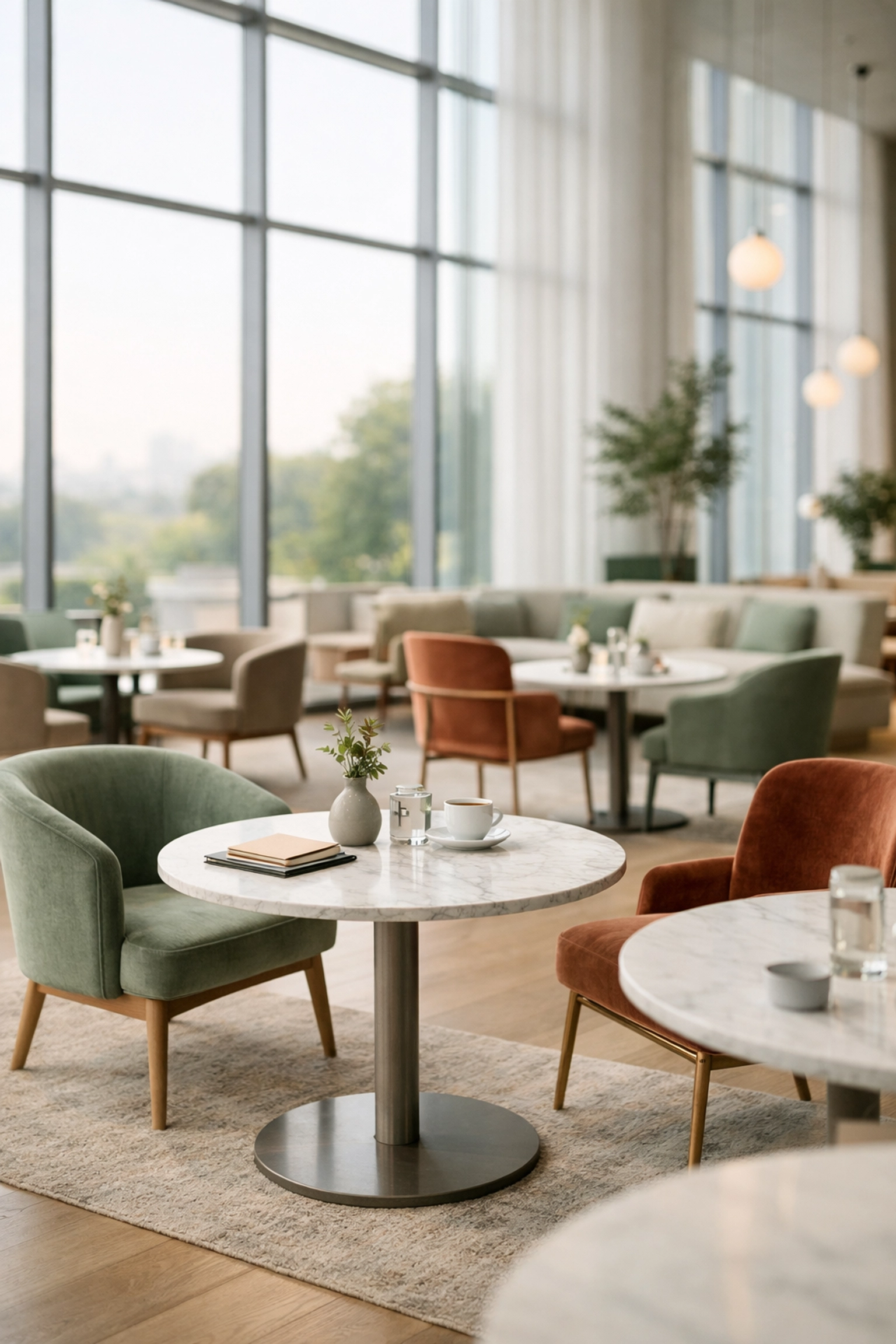 Modern hotel atrium with minimalist furniture optimized for remote work and lobby revenue.