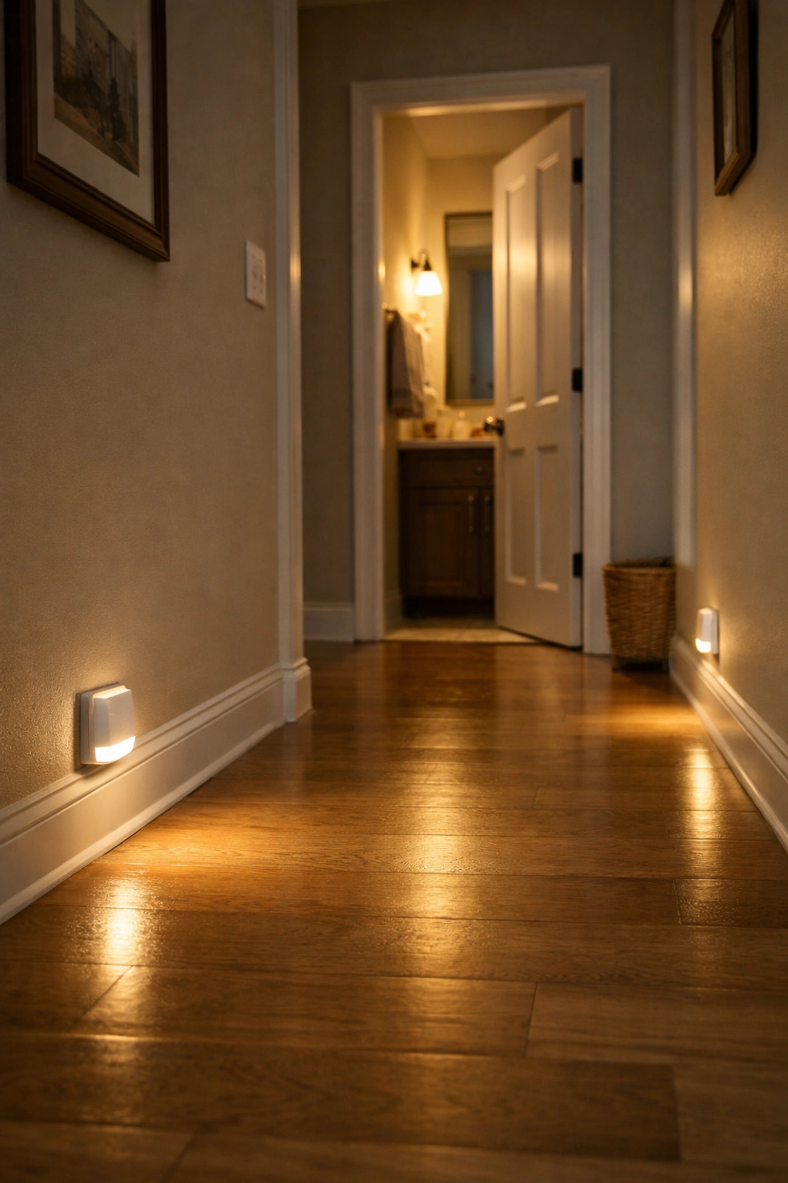 Nightlights on a hallway wall providing a clear, illuminated path to the bathroom to prevent nighttime falls.