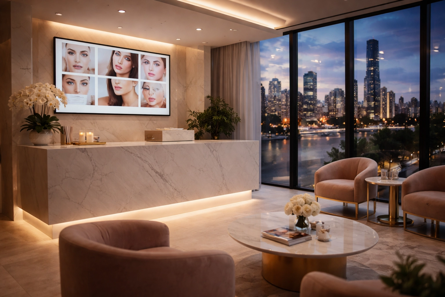 Modern cosmetic clinic reception in Brisbane with luxury decor emphasizing premium healthcare aesthetics