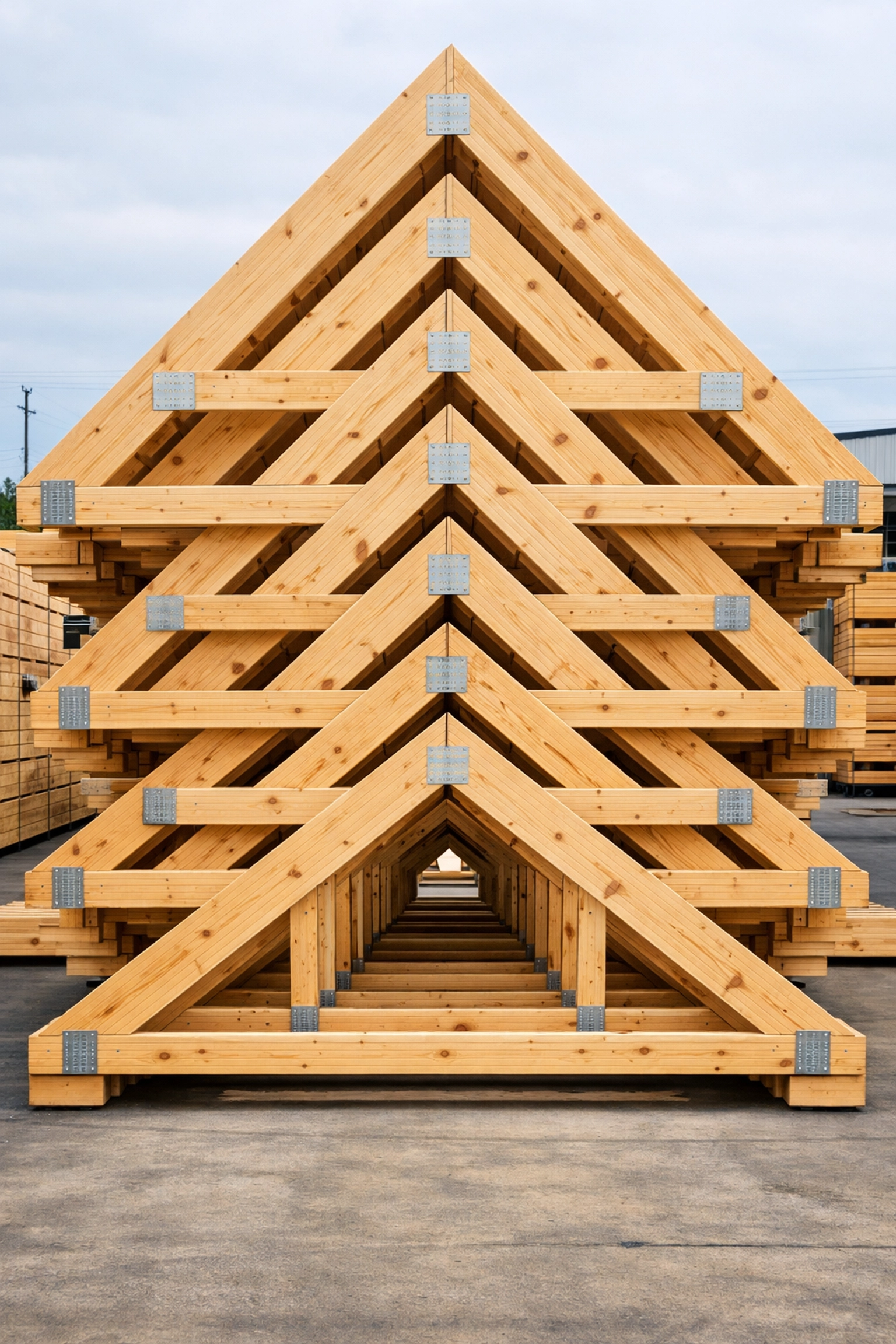 Rows of finished wooden roof trusses stacked and ready for delivery at a lumber yard.