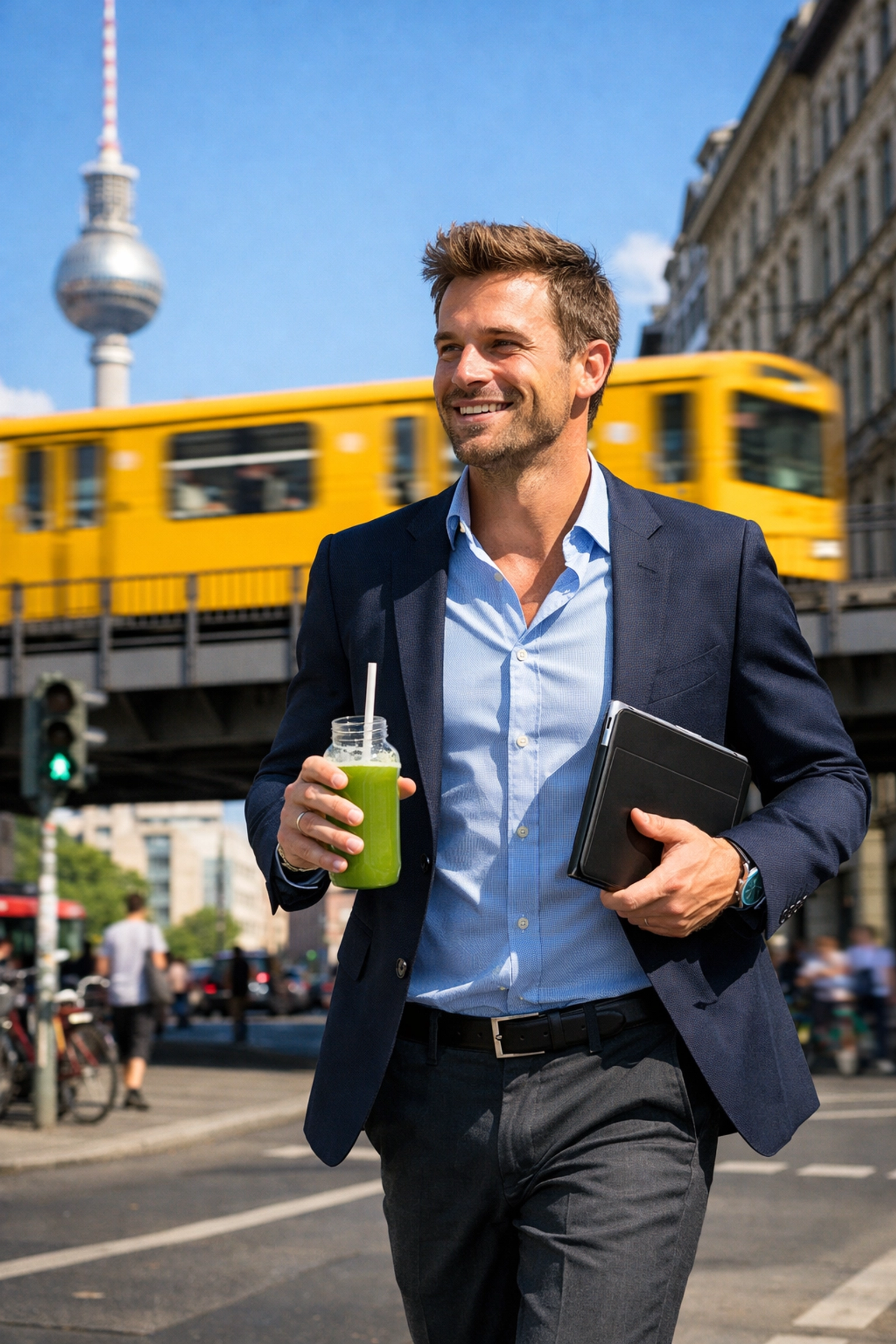 A business traveler using a tablet in Berlin Mitte to manage global time zones and avoid jet lag.
