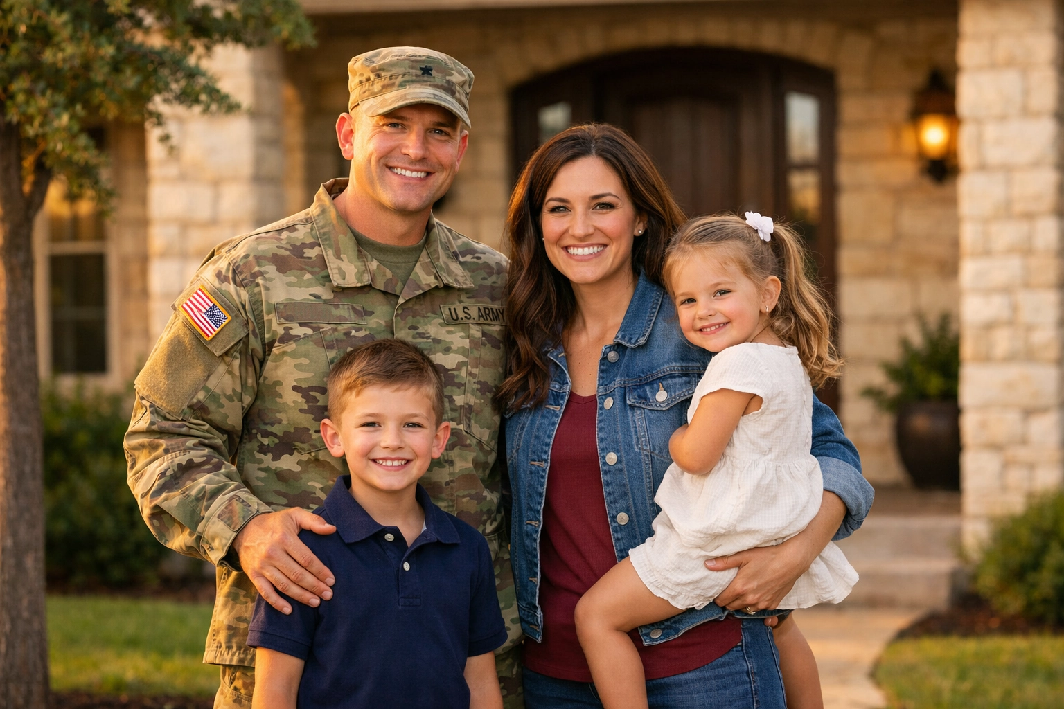 Military family in uniform standing in front of a San Antonio limestone house.
