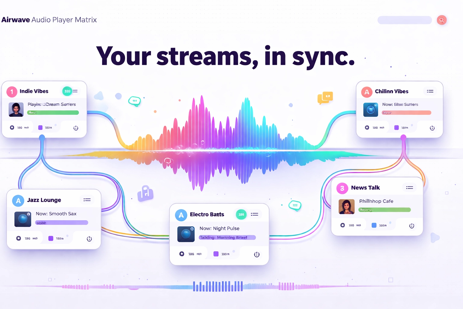 Illustration of streaming audio panels, waveforms, and connected nodes/cables, representing Airwave Audio Player Matrix.